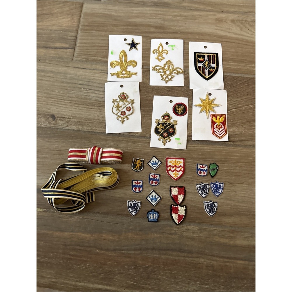 Lot Vintage Applique Patch Samples on Cards Heraldic Crests Ribbons Gold Tone